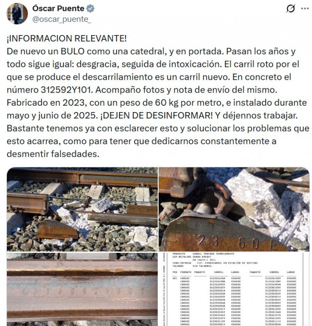 El ministro de Transportes, Óscar Puente, afirma que el carril donde descarrilló el Iryo en Adamuz es nuevo