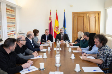 El delegado del Gobierno en la Región de Murcia, Francisco Lucas, y el comisionado especial para la Reindustrialización del Gobierno de España, Jaime Peris, reunidos con representantes del comité 