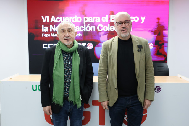 Los secretarios generales de CCOO y UGT, Unai Sordo y Pepe Álvarez, durante una rueda de prensa, en la sede de UGT, a 27 de enero de 2026, en Madrid (España). Los sindicatos han presentado la propuesta conjunta de ambas organizaciones para el VI Acuerdo p