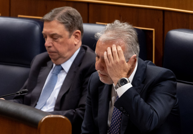 Archivo - (I-D) El ministro de Agricultura, Pesca y Alimentación, Luis Planas, el ministro de Política Territorial y Memoria Democrática, Ángel Víctor Torres, durante un pleno en el Congreso de los Diputados, a 19 de febrero de 2025, en Madrid (España).