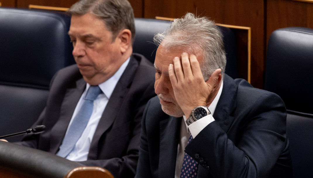 Archivo - (I-D) El ministro de Agricultura, Pesca y Alimentación, Luis Planas, el ministro de Política Territorial y Memoria Democrática, Ángel Víctor Torres, durante un pleno en el Congreso de l