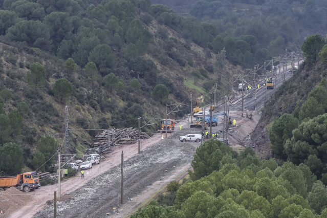 Imágenes de las obra de reparación de la vía en Adamuz tras el siniestro, a 29 de enero de 2026, en Córdoba (Andalucía, España).