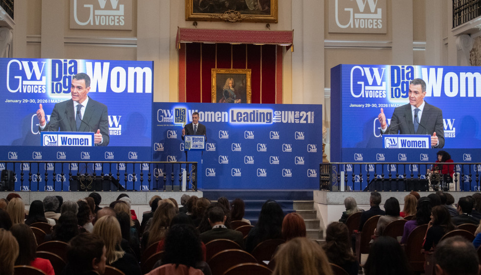 El presidente del Gobierno, Pedro Sánchez, en el acto 'Mujeres liderando la ONU del siglo XXI', en la Real Academia de Bellas Artes de San Fernando.