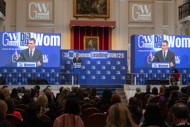 El presidente del Gobierno, Pedro Sánchez, en el acto 'Mujeres liderando la ONU del siglo XXI', en la Real Academia de Bellas Artes de San Fernando.