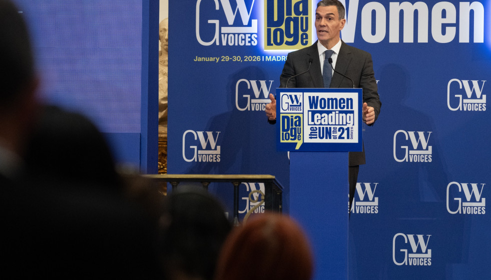 El presidente del Gobierno, Pedro Sánchez, interviene en el acto Mujeres liderando la ONU del siglo XXI, en la Real Academia de Bellas Artes de San Fernando, a 30 de enero de 2026, en Madrid (España