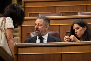 Archivo - El líder de Vox, Santiago Abascal, y la portavoz en el Congreso, Pepa Millán