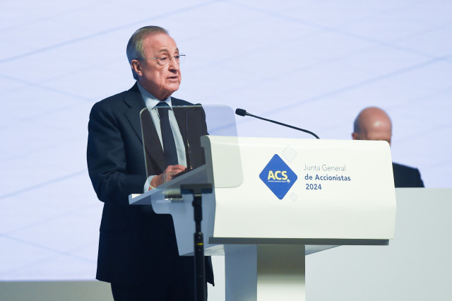 Archivo - El presidente de ACS, Florentino Pérez, interviene durante la junta general ordinaria de accionistas 2024, en la Feria de Madrid Ifema, a 10 de mayo de 2024, en Madrid (España). El presidente de ACS ha incidido en el nuevo plan estratégico, lanz