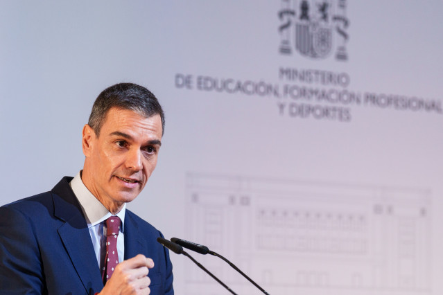 El presidente del Gobierno, Pedro Sánchez, durante la jornada ‘Formación Profesional y Empresa: la alianza que impulsa el futuro’, en el Ministerio de Educación, a 4 de febrero de 2026, en Madrid (España). La cita, en la que también interviene la ministra