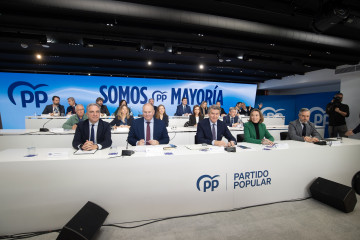 El presidente del Partido Popular, Alberto Núñez Feijóo (c), preside la reunión de la Junta Directiva Nacional del partido, junto a Elías Bendodo (i), Miguel Tellado (2i), Cuca Gamarra (2d) y Jua