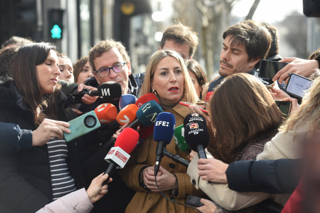 La presidenta de la Junta de Extremadura en funciones, María Guardiola, tras la reunión de la Junta Directiva Nacional del partido, a 9 de febrero de 2026, en Madrid (España).