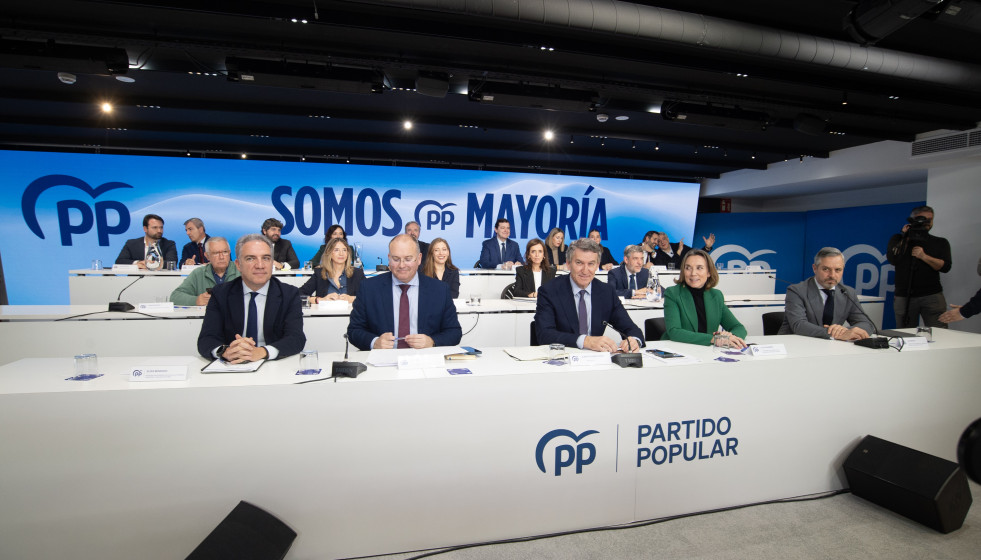 El presidente del Partido Popular, Alberto Núñez Feijóo (c), preside la reunión de la Junta Directiva Nacional del partido, junto a Elías Bendodo (i), Miguel Tellado (2i), Cuca Gamarra (2d) y Jua