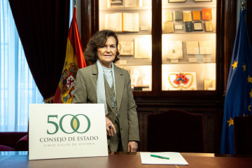 La presidenta del Consejo de Estado, Carmen Calvo, durante la presentación del programa del V Centenario del Consejo de Estado