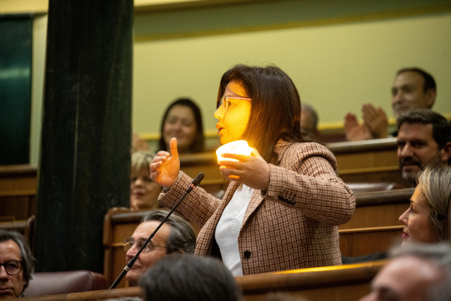 La diputada del PP Ana Vázquez sostiene en el Congreso una baliza V16 en la sesión de control al Gobierno en el Congreso de los Diputados