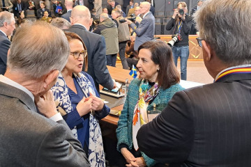 La ministra de Defensa, Margarita Robles, en la reunión de ministros de Defensa de la OTAN que se celebra este jueves en Bruselas.