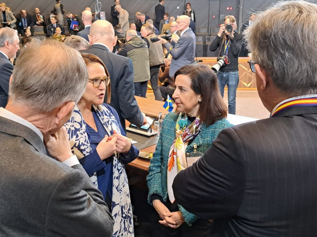 La ministra de Defensa, Margarita Robles, en la reunión de ministros de Defensa de la OTAN que se celebra este jueves en Bruselas.