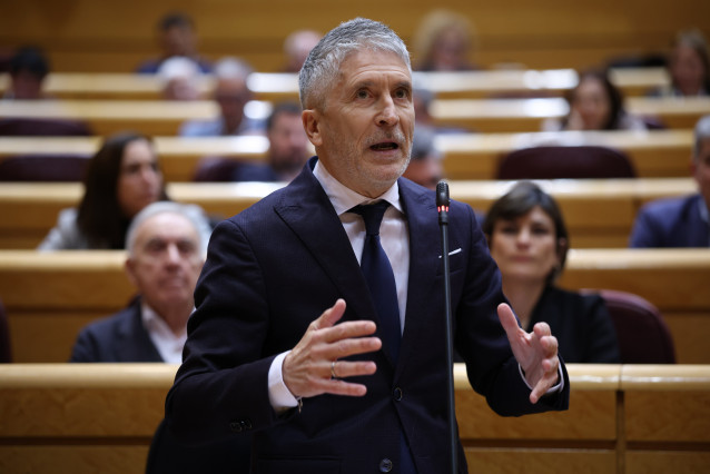 El ministro del Interior, Fernando Grande-Marlaska, interviene durante una sesión plenaria en el Senado, a 3 de febrero de 2026, en Madrid (España)