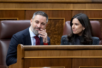 El presidente de Vox, Santiago Abascal, y la portavoz de Vox en el Congreso, Pepa Millán, durante una sesión plenaria, en el Congreso de los Diputados, a 12 de febrero de 2026, en Madrid (España).