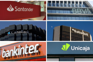 Archivo - Logos de Banco Santander, BBVA, CaixaBank, Banco Sabadell, Bankinter y Unicaja