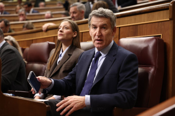 La portavoz del PP en el Congreso, Ester Muñoz, y el presidente del PP, Alberto Núñez Feijóo, durante una sesión de control al Gobierno, en el Congreso de los Diputados, a 18 de febrero de 2026, 