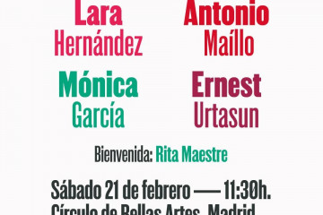Imagen del cartel de los cuatro ponentes del acto para la refundación de la alianza electoral de Movimiento Sumar, IU, Comunes y Más Madrid, que se celerará en el Círculo de Bellas Artes de la cap