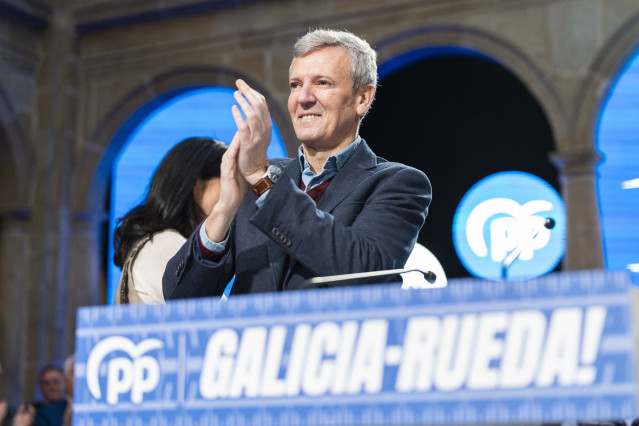 El presidente del PPdeG, Alfonso Rueda, en el acto conmemorativo de su victoria, a 22 de febrero de 2026.