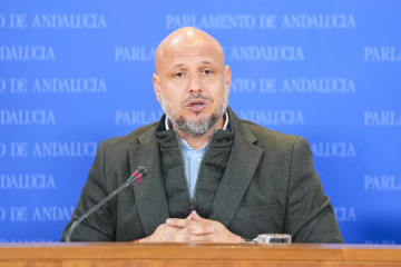 El portavoz adjunto del Grupo Parlamentario Vox, Rodrigo Alonso, durante la ronda de ruedas de prensa de portavoces de los grupos parlamentarios en el Parlamento de Andalucía, a 25 de febrero de 2026