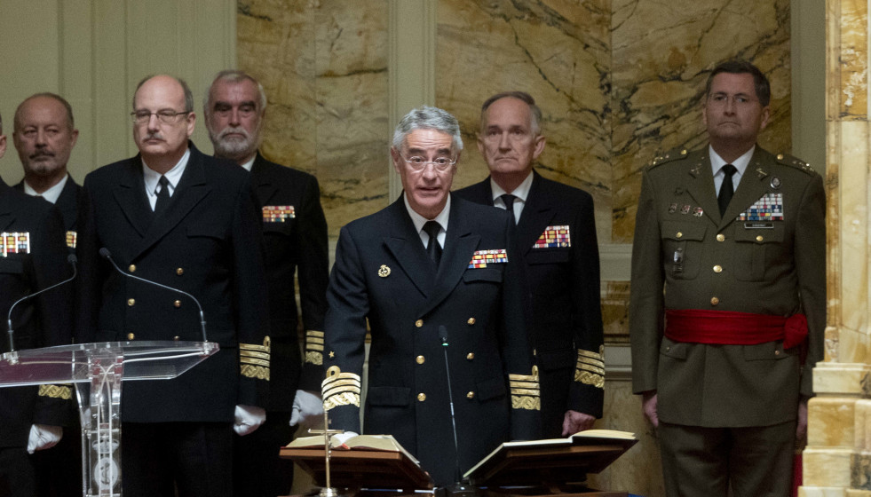 Archivo - El nuevo Almirante Jefe de Estado Mayor de la Armada (AJEMA), Antonio Piñeiro Sánchez, interviene durante la toma de su posesión, en el Cuartel General de la Armada, a 27 de abril de 2023