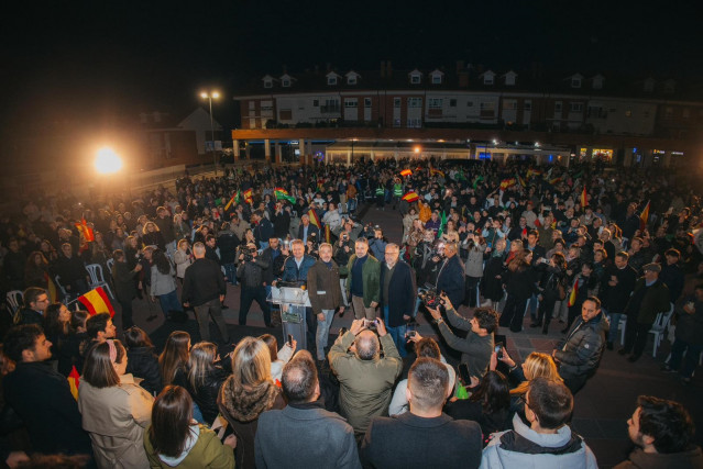 El presidente de Vox, Santiago Abascal, durante un acto de partido en Arroyo de la Encomienda (Valladolid)