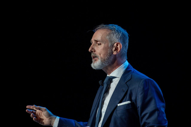 El presidente ejecutivo de Telefónica, Marc Murtra; durante la presentación de los resultados correspondientes al ejercicio 2025, a 24 de febrero de 2026, en Madrid (España). Telefónica registró unas pérdidas netas atribuidas de 4.318 millones de euros en