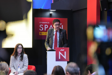 El ministro para la Transformación Digital y de la Función Pública, Óscar López,  participa en el acto ‘Con nuestra IA’, Mobile World Congress Barcelona 2026, en la Fira de Barcelona, a 3 de 