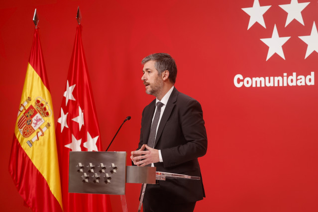 El consejero de Presidencia, Justicia y Administración Local de la Comunidad de Madrid, Miguel Ángel García Martín, en una rueda de prensa tras el Consejo de Gobierno.