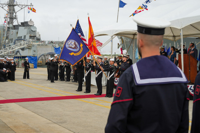 Archivo - Imágenes de la ceremonia de la llegada del USS Oscar Austin a puerto de Rota. A 16 de octubre de 2024, en Rota, Cádiz (Andalucía, España). ARCHIVO.
