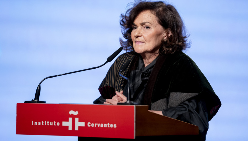 La presidenta del Consejo de Estado, Carmen Calvo, durante la recepción de los legados ‘in memoriam’ de Clara Campoamor, Victoria Kent y Elena Fortún, en la Caja de las Letras del Instituto Cerv