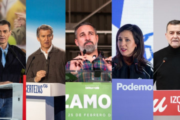 El presidente del Gobierno, Pedro Sánchez; el líder del PP, Alberto Núñez Feijóo; el presidente de Vox, Santiago Abascal; la secretaria general de Podemos, Ione Belarra; el coordinador de IU, Ant
