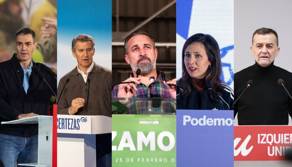 El presidente del Gobierno, Pedro Sánchez; el líder del PP, Alberto Núñez Feijóo; el presidente de Vox, Santiago Abascal; la secretaria general de Podemos, Ione Belarra; el coordinador de IU, Ant