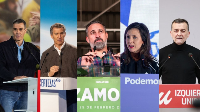 El presidente del Gobierno, Pedro Sánchez; el líder del PP, Alberto Núñez Feijóo; el presidente de Vox, Santiago Abascal; la secretaria general de Podemos, Ione Belarra; el coordinador de IU, Antonio Maíllo.