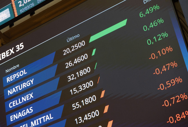Paneles informativos en el Palacio de la Bolsa de Madrid, a 2 de marzo de 2026, en Madrid (España).