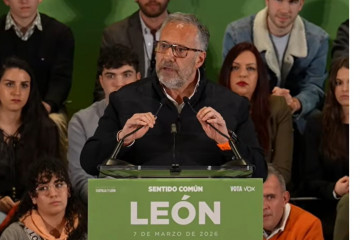 El candidato de Vox a la Presidencia de la Junta de Castilla y León, Carlos Pollán, en un mitin en León.