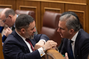 Archivo - El líder de VOX, Santiago Abascal (i) y el portavoz de VOX en el Ayuntamiento de Madrid, Javier Ortega Smith (d), durante una sesión plenaria, en el Congreso de los Diputados