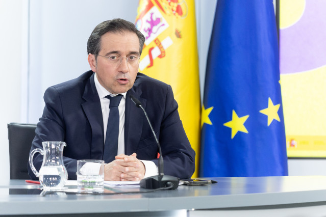 El ministro de Asuntos Exteriores, Unión Europea y Cooperación, José Manuel Albares,  durante una rueda de prensa tras el Consejo de Ministros, a 3 de marzo de 2026, en Madrid (España).