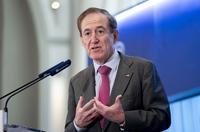 El presidente y CEO de Mapfre, Antonio Huertas, durante un desayuno de Nueva Economía Forum, en el Hotel Mandarin Oriental Ritz, a 16 de febrero de 2026, en Madrid (España).