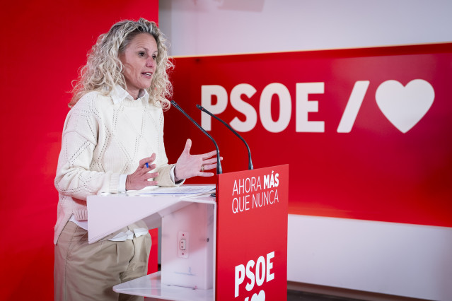 La portavoz de la Ejecutiva Federal del PSOE, Montse Mínguez, durante una rueda de prensa en la sede nacional del partido en Ferraz, a 16 de marzo de 2026, en Madrid (España).