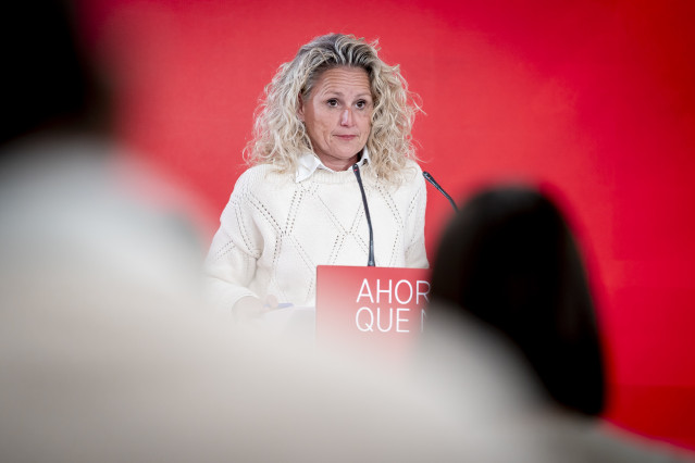 La portavoz de la Ejecutiva Federal del PSOE, Montse Mínguez, durante una rueda de prensa en la sede nacional del partido en Ferraz, a 16 de marzo de 2026, en Madrid (España).