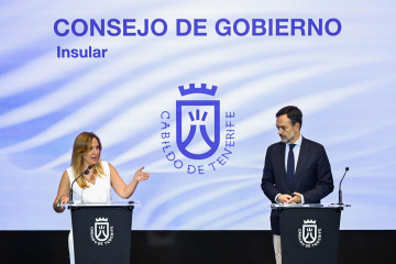 Archivo - La presidenta del Cabildo de Tenerife, Rosa Dávila, y el vicepresidente, Lope Afonso, en la rueda de prensa para dar cuenta de los acuerdos del Consejo de Gobierno