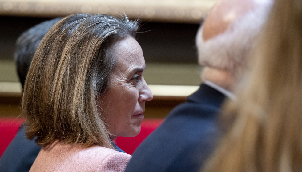 La vicesecretaria de Regeneración del Partido Popular, Cuca Gamarra, durante la  presentación del libro ‘Alexis de Tocqueville. Un liberal único’ del profesor Eduardo Nolla, en el Senado, a 19 
