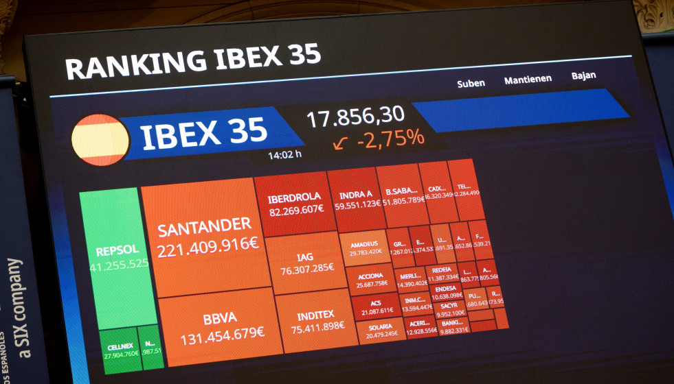Paneles informativos en el Palacio de la Bolsa de Madrid, a 2 de marzo de 2026, en Madrid (España).