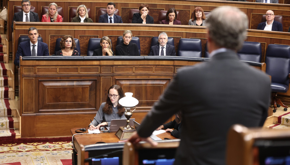 Archivo - El presidente del PP, Alberto Núñez Feijo (de espaldas), el presidente del Gobierno, Pedro Sánchez, junto a otros ministros en el Pleno del Congreso.