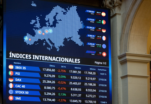 Paneles informativos en el Palacio de la Bolsa de Madrid, a 2 de marzo de 2026, en Madrid (España).