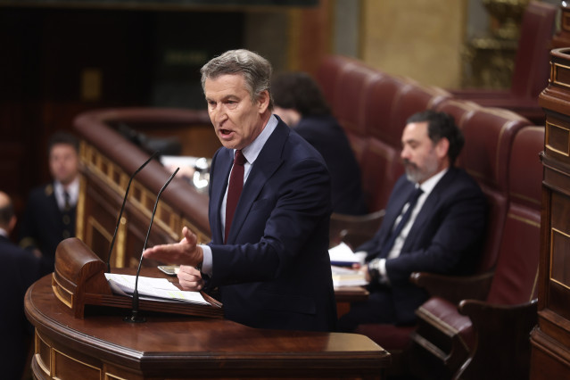 El presidente del Partido Popular, Alberto Núñez Feijóo, interviene durante una sesión de control al Gobierno, en el Congreso, a 25 de marzo de 2026, en Madrid (España).