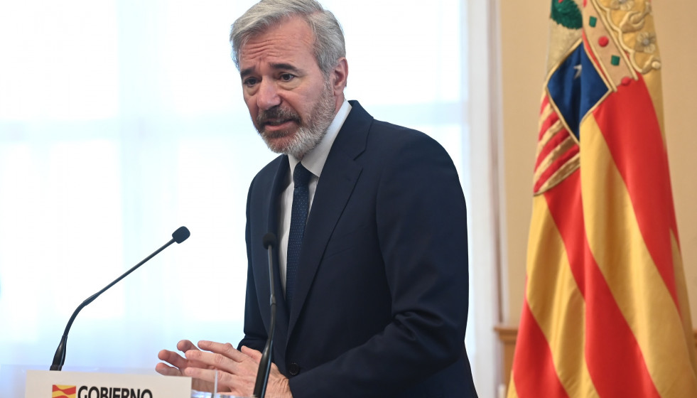 El presidente en funciones del Gobierno de Aragón, Jorge Azcón, durante una rueda de prensa, en el Edificio Pignatelli, a 25 de marzo de 2026, en Madrid (España).  El Gobierno de Aragón ha aprobad